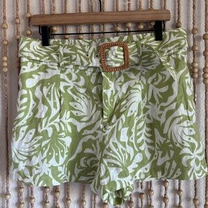 Rachel Zoe Linen High Waist Green White Beachcore Boho Palm Leaf Belted Shorts L